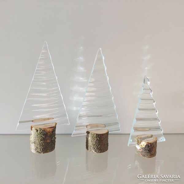 Modern wavy translucent glass Christmas tree set of 3 in a wooden base