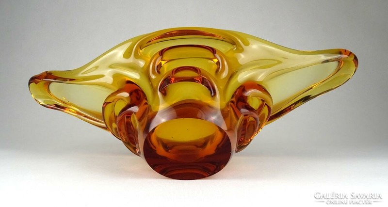 1H620 Mid century borostyánsárga fújtüveg művészi üveg asztalközép kínáló 36.5 cm