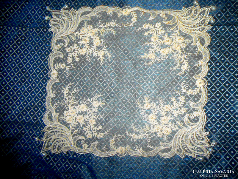Tulle embroidery--breath-thin, very beautiful, embroidered tulle lace with pearls 40 cm x 35 cm tablecloth-