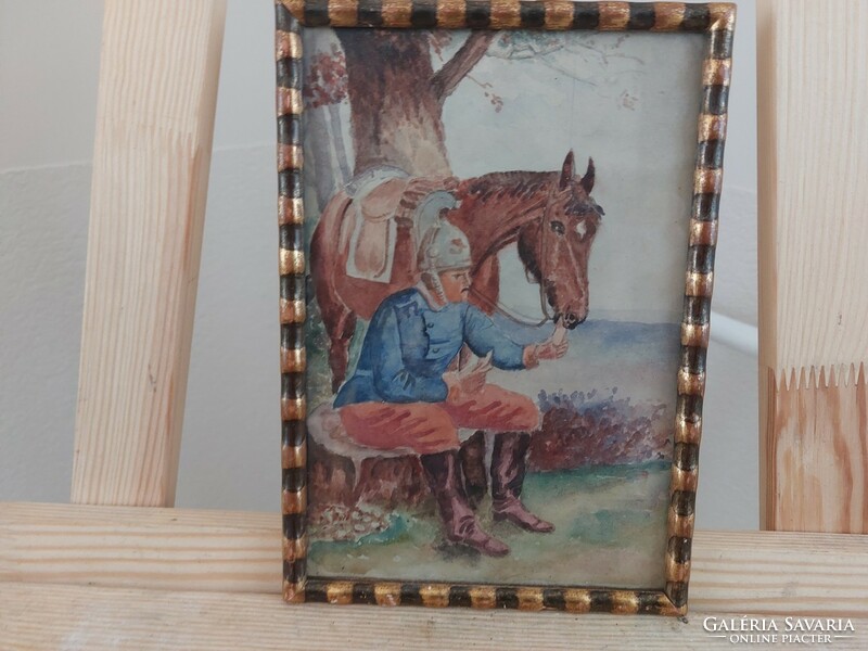 (K) small painting cavalryman 23x16 cm with frame