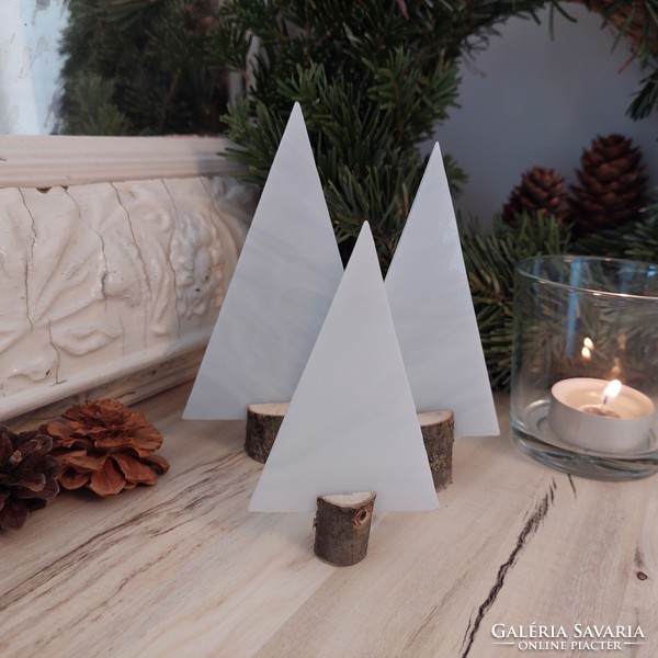 White decorative glass Christmas tree set of 3 in a wooden base