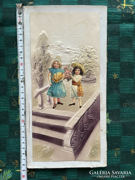 Antik papír dombornyomott litográfia kép karácsonyfadísz, dekoráció kislányokkal