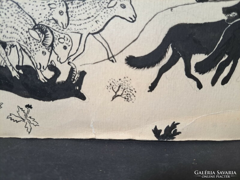 Berki Viola: Állatmese (tusrajz) illusztráció a Magyar Nemzet újsághoz - bárányok és farkasok