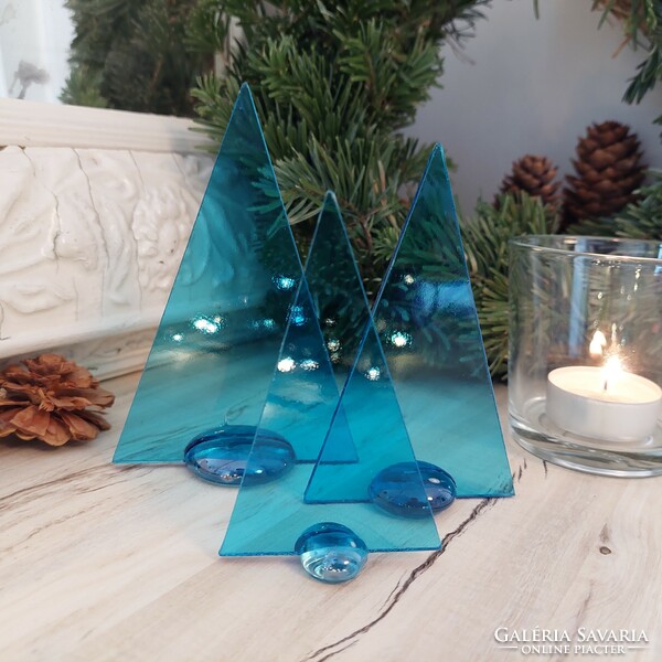 Modern turquoise translucent glass Christmas tree set of 3 with glass bead base