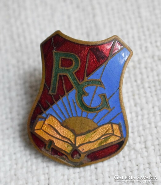 Fire enamel badge, antique, r.G. Red blue, open book, rising sun 4.2 x 3.2 cm