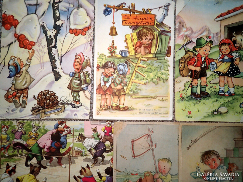 20 db régi rajzos grafikai művészi európai gyerek képeslap csomag gyűjtemény olasz holland belga