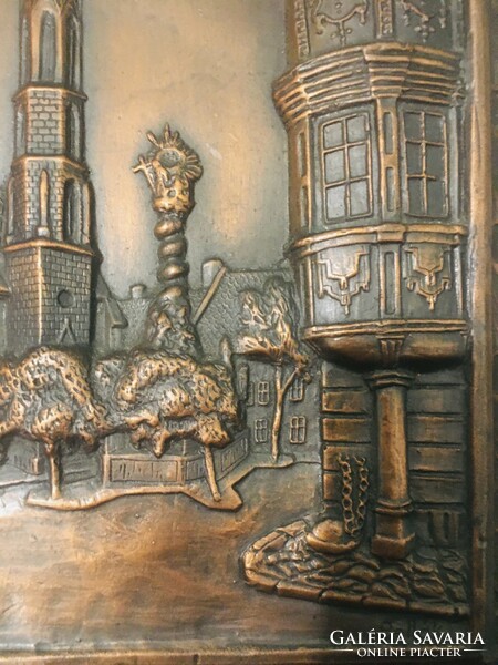 Bronze wooden framed wall decoration/relief, Sopron street scene, bells