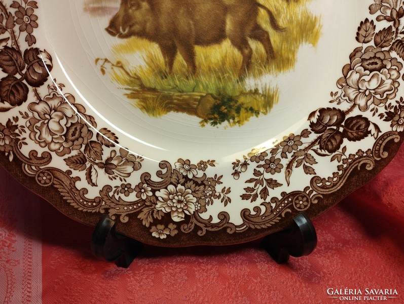 Royal Worcester, Palissy, gyönyörű angol porcelán nagy lapos kínáló tál, közepén vaddisznó