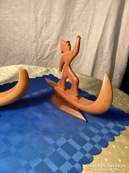 Pair of art deco wood carving boat figurines.