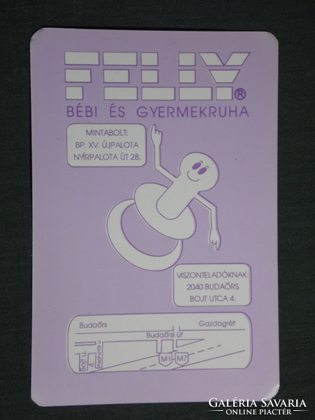 Kártyanaptár, Felly bébi gyerekruha üzlet, grafikai rajzos, cumi, Budapest, 1994,   (3)