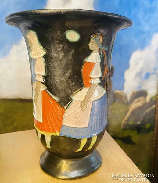 Ceramic vase by István Gádor with a village scene