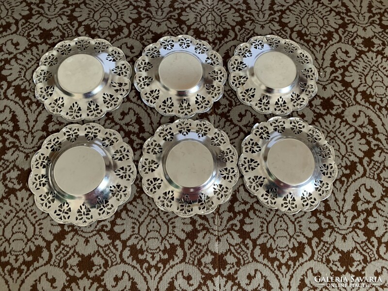 Retro silver-colored coaster with openwork edge, small cake plate set (6 pcs.)