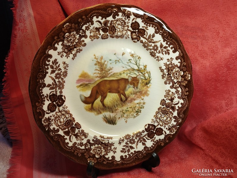 Royal Worcester, Palissy, gyönyörű angol porcelán nagy lapos kínáló tál, közepén erdei róka