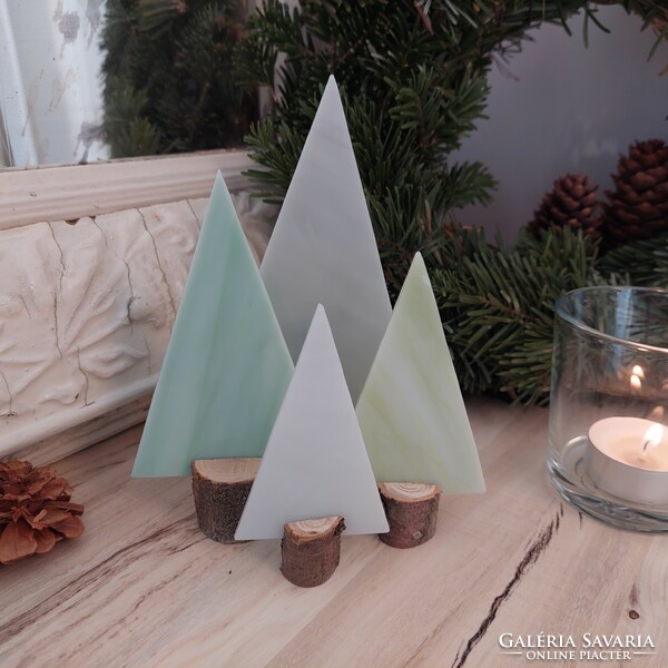 White-green-grey decorative glass Christmas tree set of 4 in a wooden base