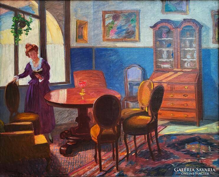 Frigyes Borszéky (1880 - 1955) reading girl in interior c. Your painting with an original guarantee!