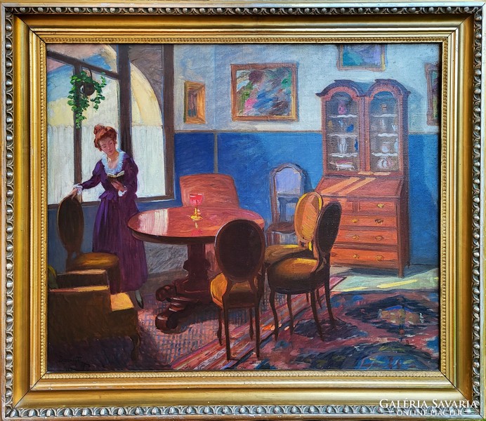 Frigyes Borszéky (1880 - 1955) reading girl in interior c. Your painting with an original guarantee!