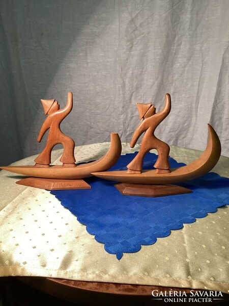 Pair of art deco wood carving boat figurines.