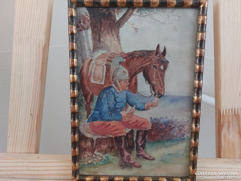 (K) small painting cavalryman 23x16 cm with frame