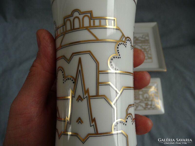 Augarten Wien bécsi porcelán készlet váza tálka bonbonier wiener silhouetten dekor biztosító reklám