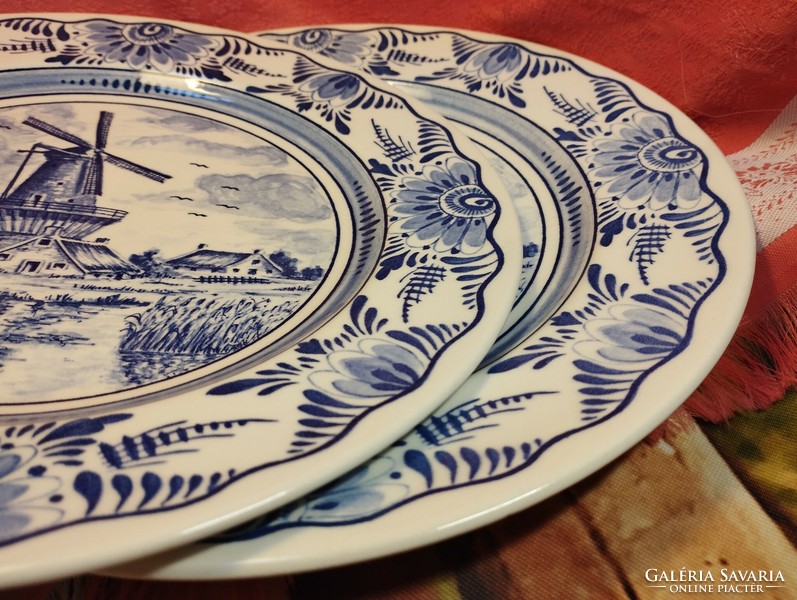 Beautiful, blue and white painted, windmill large flat serving bowl and plate