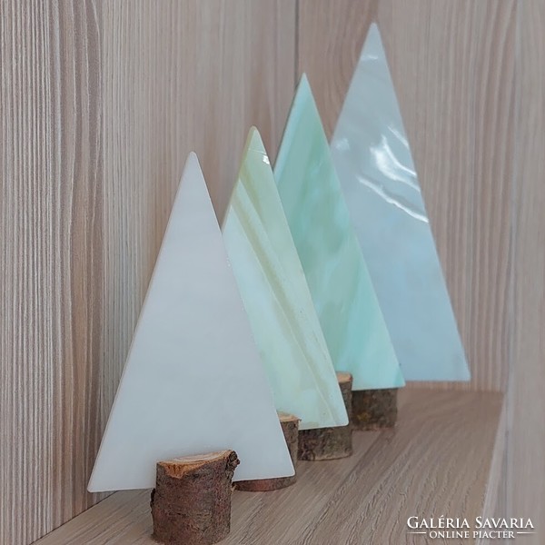 Fehér-zöld- szürke díszüveg karácsonyfa 4 darabos készlet fa talpban