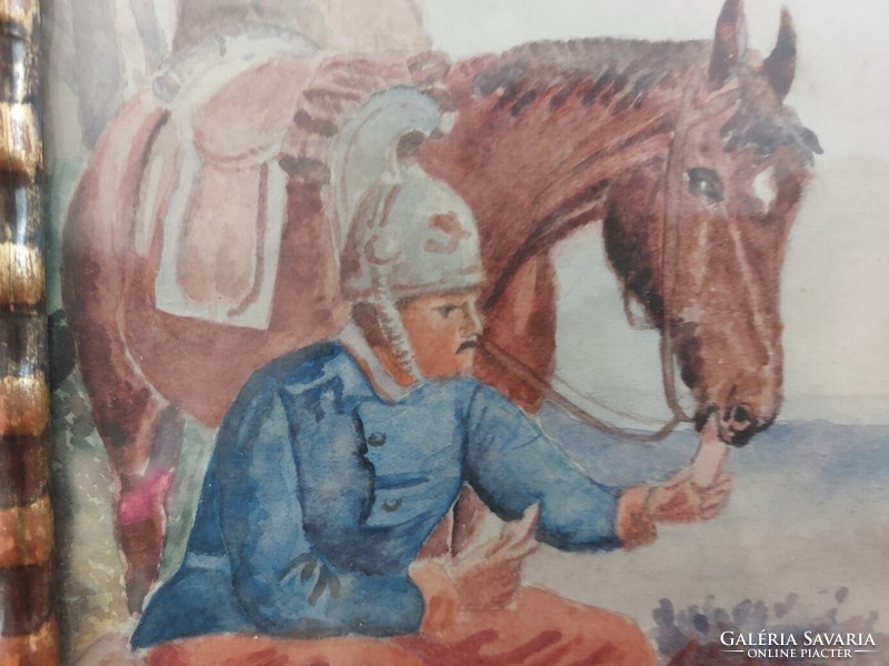 (K) Kis festmény lovaskatona 23x16 cm kerettel