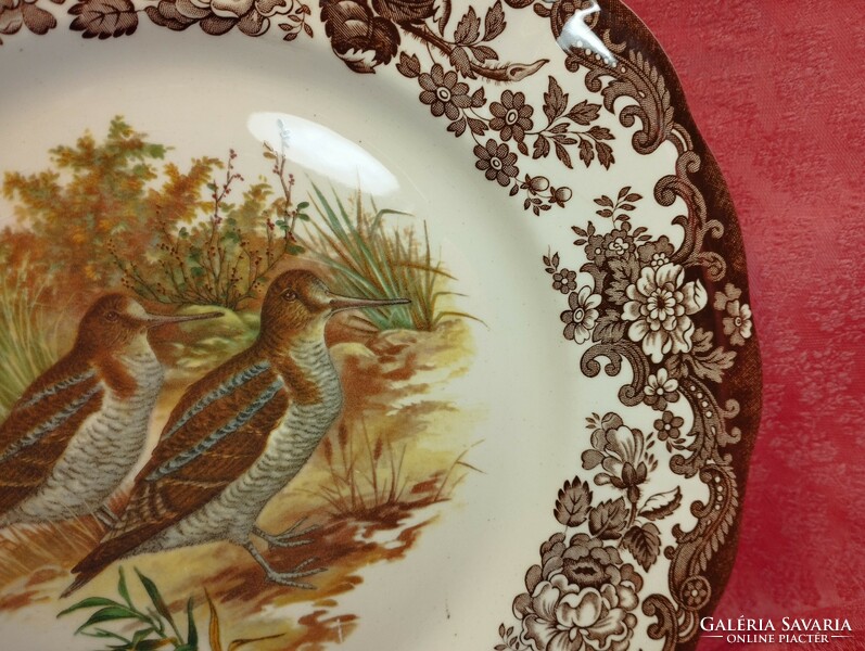 Royal Worcester, Palissy, gyönyörű angol porcelán nagy lapos kínáló tál , közepén erdei szalonkapár