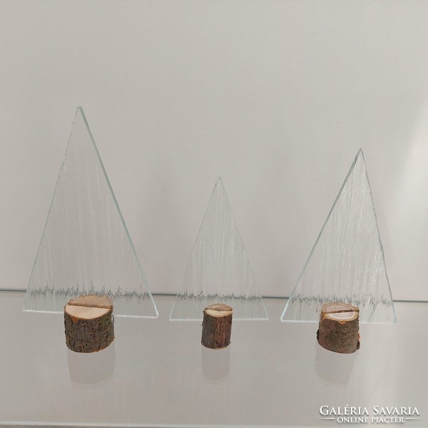 Áttetsző fa kéreg mintás üveg karácsonyfa 3 darabos készlet fa talpban