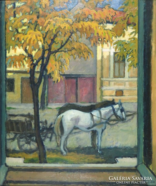 Hungarian painter marked Oláh: street view from a window