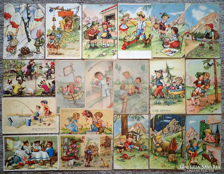 20 db régi rajzos grafikai művészi európai gyerek képeslap csomag gyűjtemény olasz holland belga