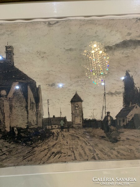 Color etching picture, street detail framed with a church, 51x60 cm