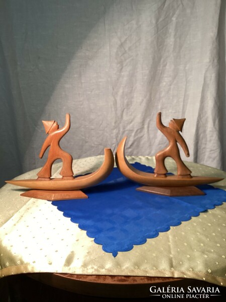 Pair of art deco wood carving boat figurines.