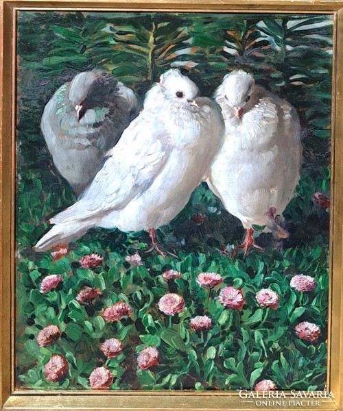 Galambok (régi olajfestmény keretben) állatkép, madarak, természet