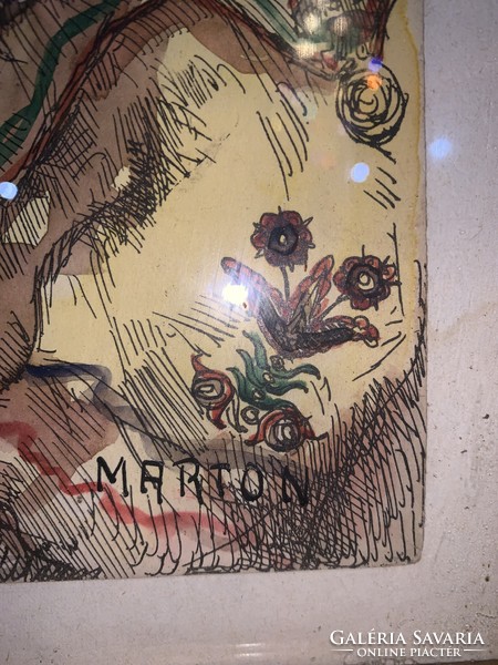 “Marton” szignózott morcos parasztembert ábrázoló színes rézkarc 35,5x 45 cm keretben