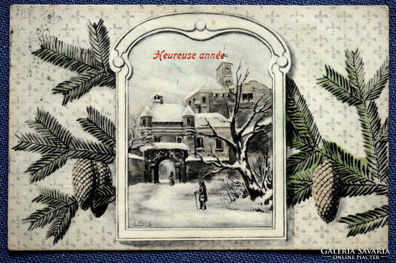 Antik  Újévi  üdvözlő képeslap -  fenyőág , téli táj  1907ből