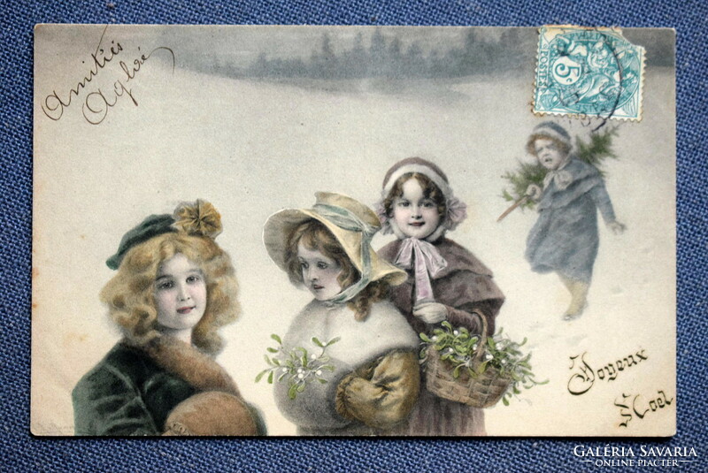 Antique mm vienne colored graphic Christmas greeting card - little girls, winter landscape, pine tree