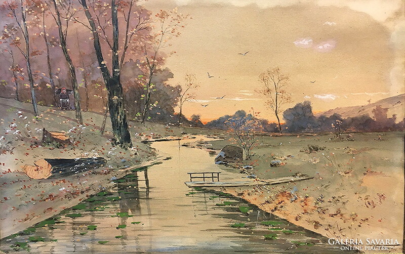 Heinrich Wertheim: landscape with stream, 1900, art nouveau watercolor