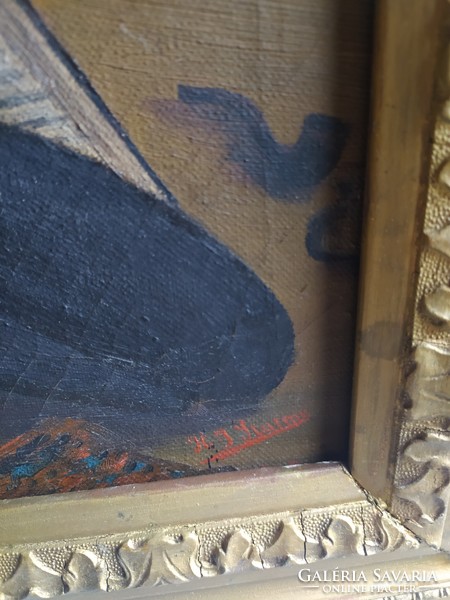 Antik szignózott  olaj, vászon festmény, eredeti keretében 43 x 37 cm