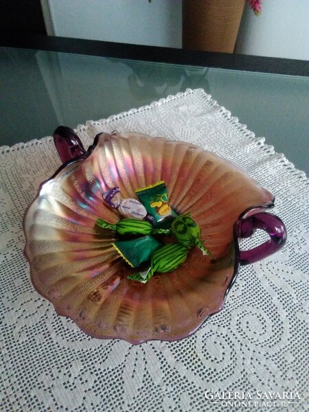Fenton carnival with an iridescent playful surface and two tongs on the side!