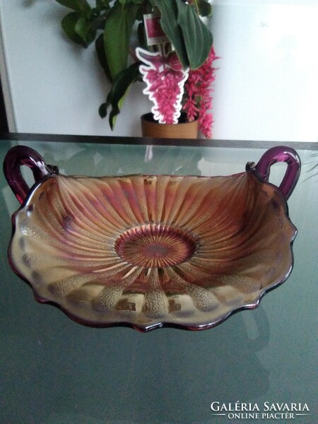 Fenton carnival with an iridescent playful surface and two tongs on the side!