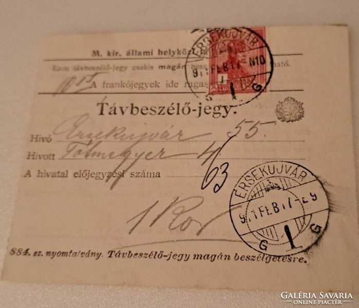 Telephone ticket. Érsekujvár 1911. (Rare)