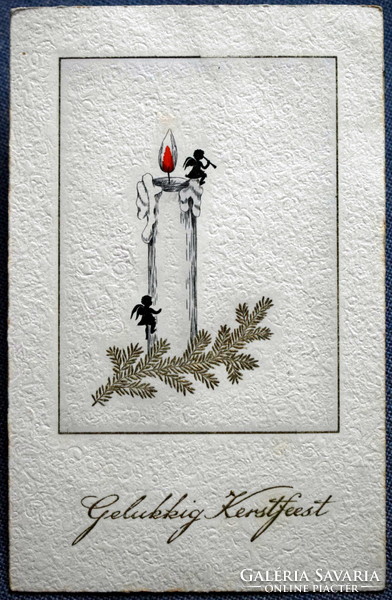 Art deco embossed Christmas greeting silhouette postcard - candle, candles from 1938