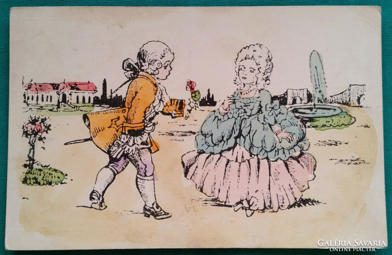 Antik grafikus színezett képeslap, gyerekek barokk ruhában, postatiszta