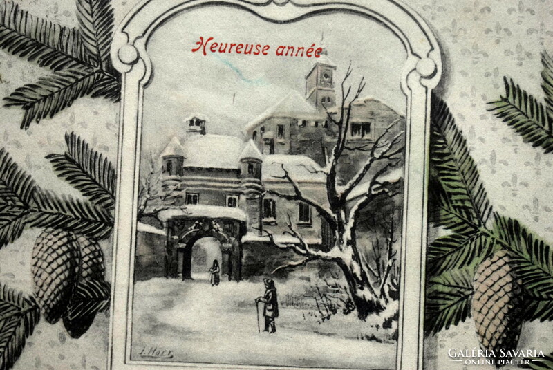 Antik  Újévi  üdvözlő képeslap -  fenyőág , téli táj  1907ből