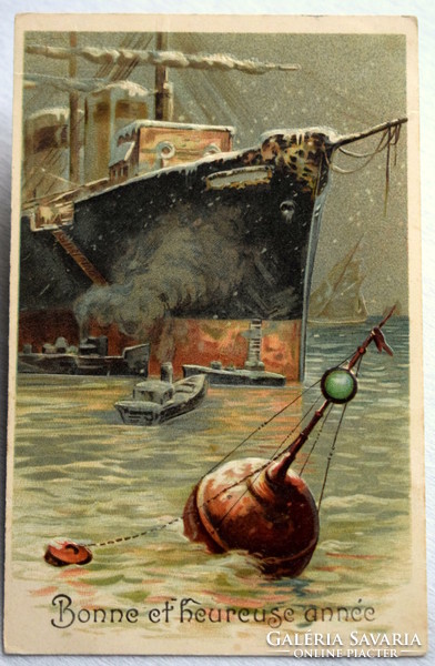 Antik dombornyomott Újévi üdvözlő képeslap - óceánjáró hajó, bója, téli éjszaka 1909ből