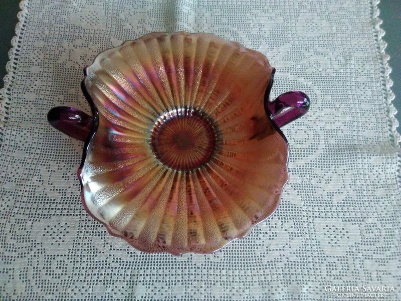 Fenton carnival with an iridescent playful surface and two tongs on the side!