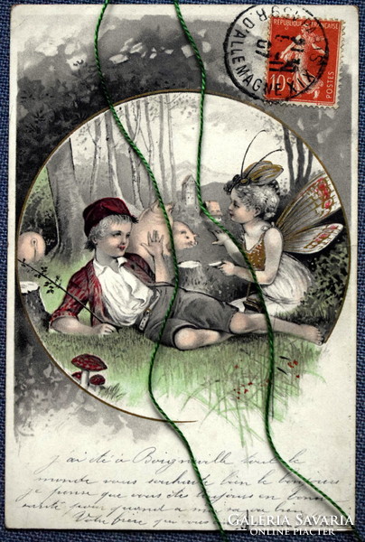 Antik üdvözlő litho képeslap - kis kanász fiú, tündér leányka, malacok, gomba  1907ből