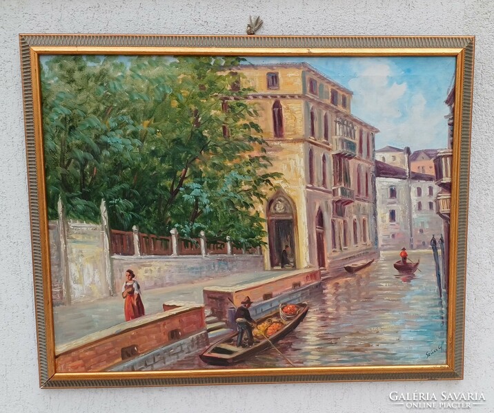 Antique Venetian painting. Venetian lagoons, gondola.
