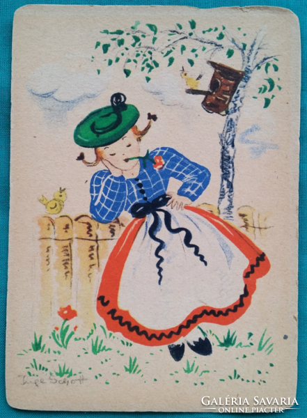 Artist's graphic postcard - shirt schott- children, folk costume, postal clear postcard