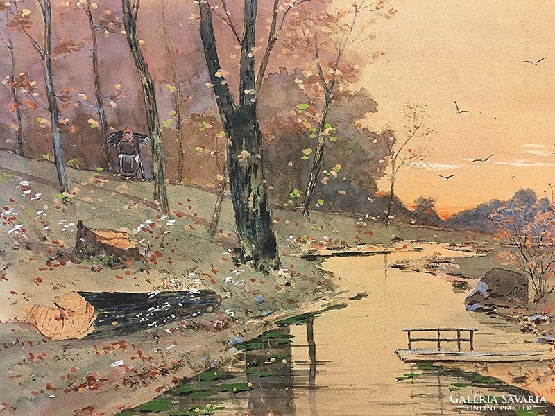 Heinrich Wertheim:Tájkép patakkal,1900,szecessziós akvarell